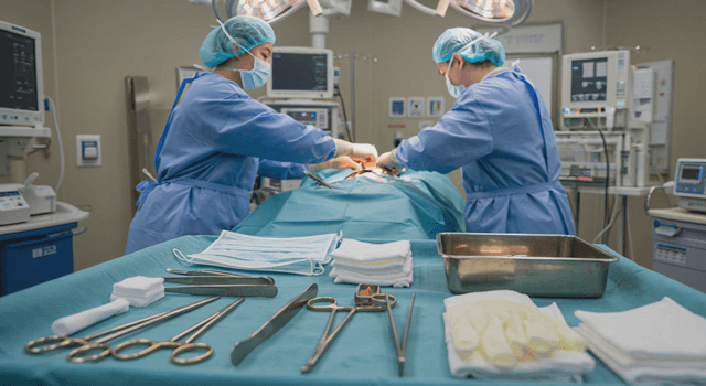 Medical staff performing surgery in surgical gowns