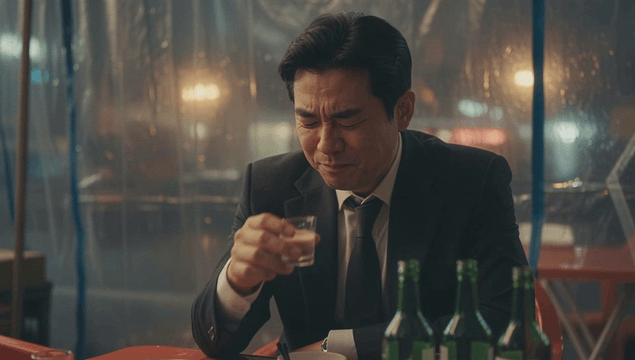 포장마차에서 혼자 소주를 마시는 양복입은 남자
