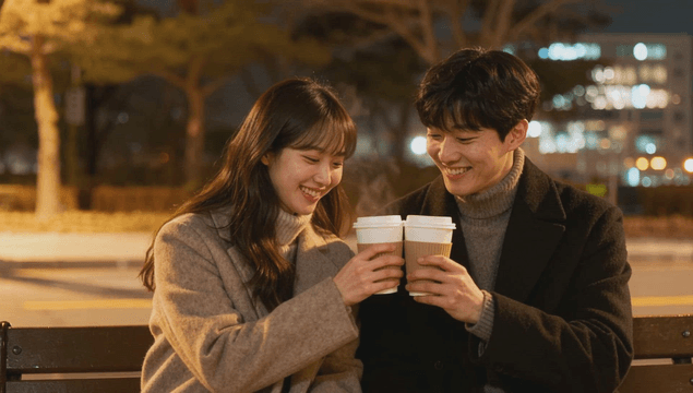 Couple enjoying warm coffee on a cold winter park bench