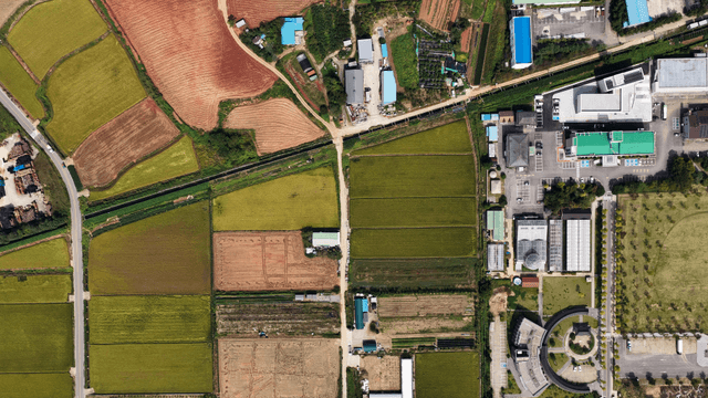 Rural fields and farmland of a countryside village
