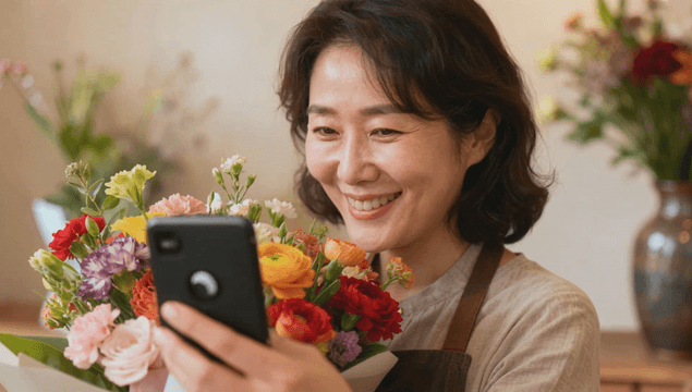 Middle-aged woman taking a selfie with a bouquet and smiling