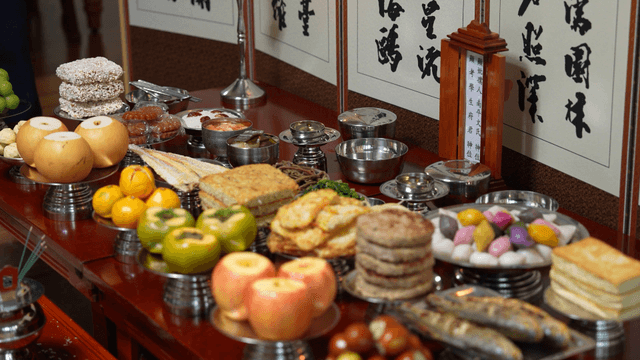 Traditional Korean Chuseok table with various foods