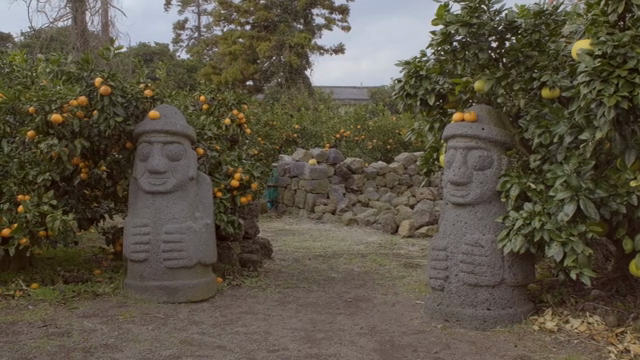 Stone statues in a citrus orchard
