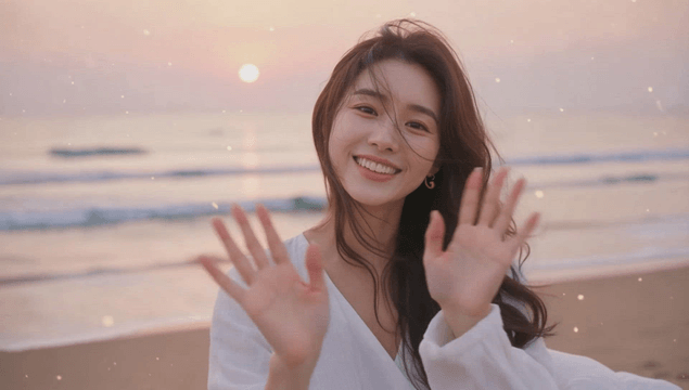 Smiling woman wave under a sparkling beach sunset