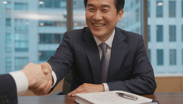 Business professional offering a handshake with a smile in an office