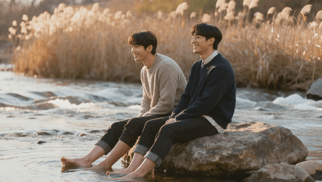 Two men sitting by a calm autumn riverside