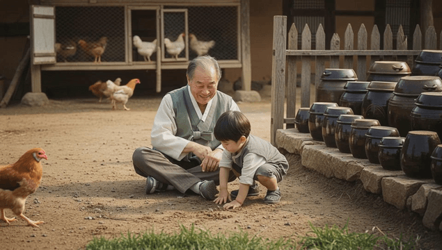 Grandfather and child playing in farmhouse yard