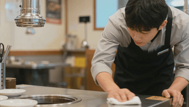 고깃집 식당 테이블을 닦고 있는 직원