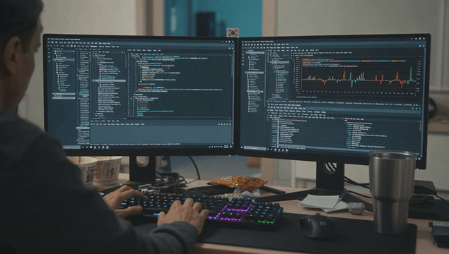 Developer coding on dual monitors in office