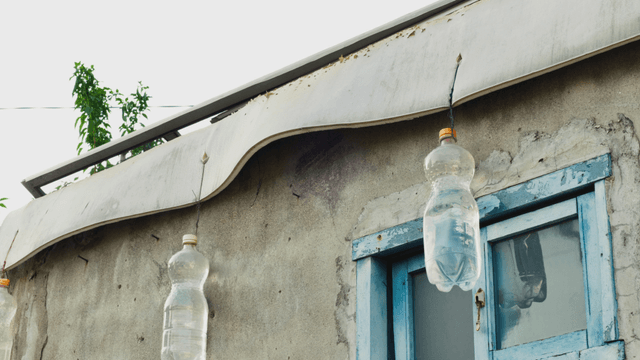 Old building with plastic bottles hanging