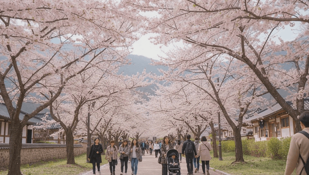 People walking along cherry blossom path in hanok village