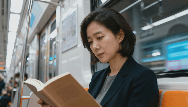 Young woman reading a book in the subway