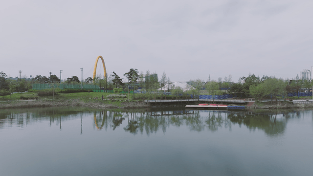 Quiet lake park with dense forest