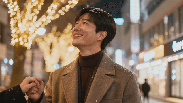 크리스마스 조명 아래 미소 짓는 남자