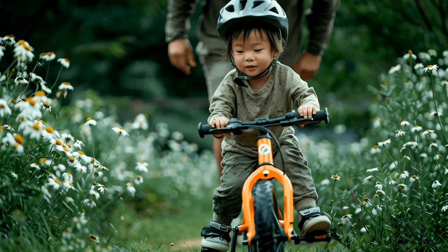 Child riding a bike with an adult in a flower field