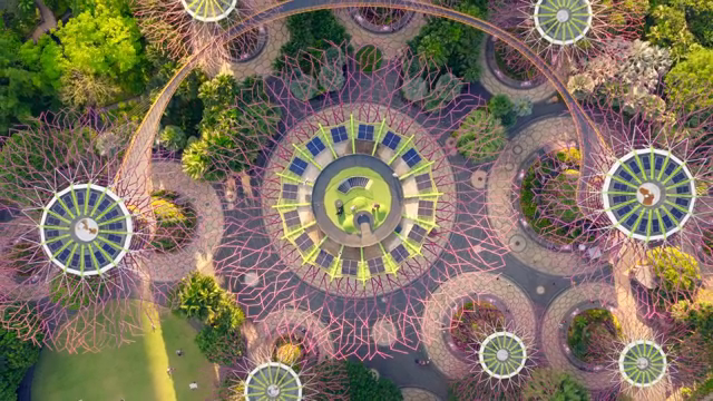 Futuristic garden with towering structures