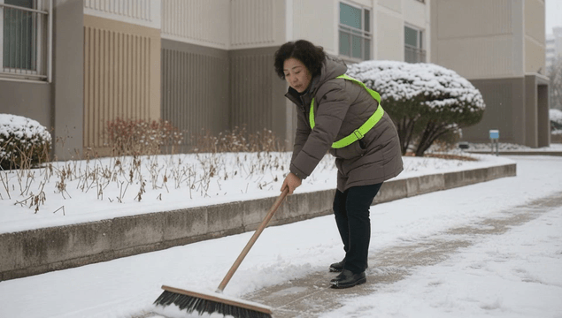 Middle-aged woman shoveling snow on a street in front of an apartment