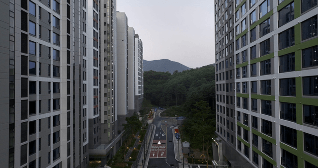 Quiet urban street with tall buildings