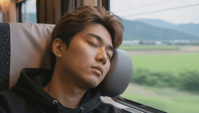 Young man asleep on a train ride