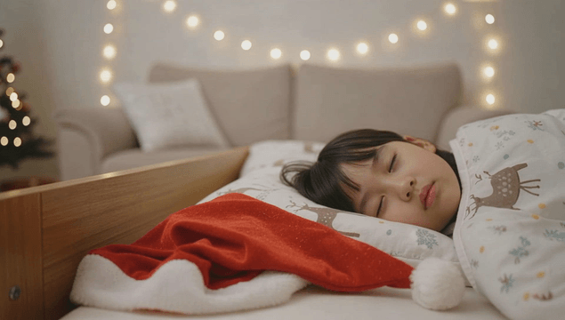 크리스마스 조명 아래 평화롭게 자는 아이