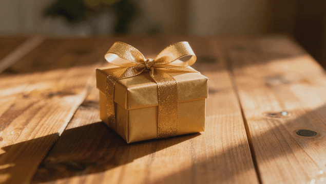 나무 테이블 위의 황금 선물 상자