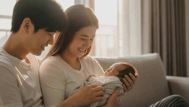 Couple lovingly holding their newborn baby