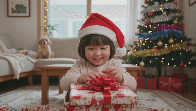 거실에서 크리스마스 선물을 여는 아이