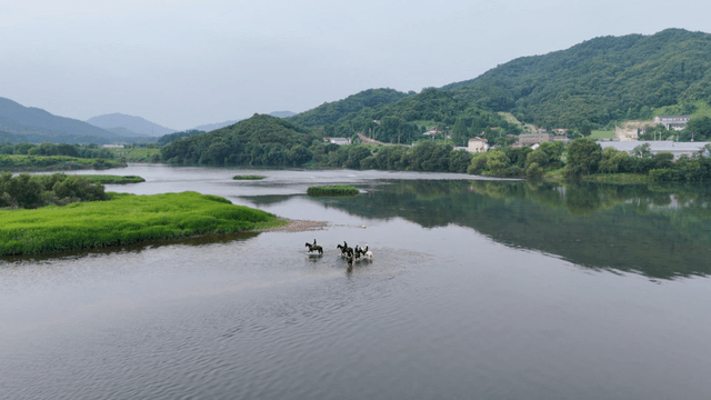 고요한 강을 건너는 말을 탄 사람들