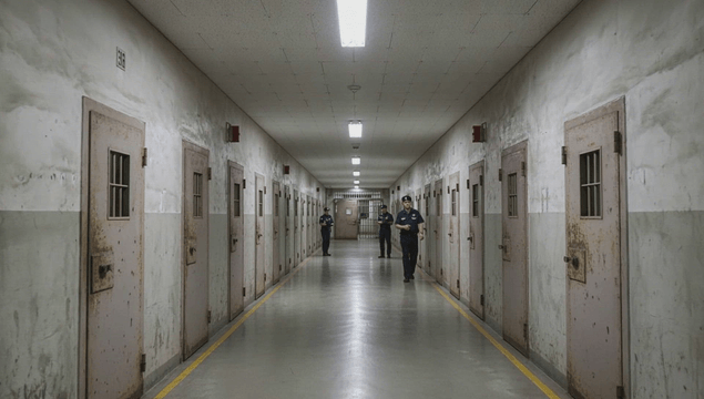 Guards in a dark prison corridor