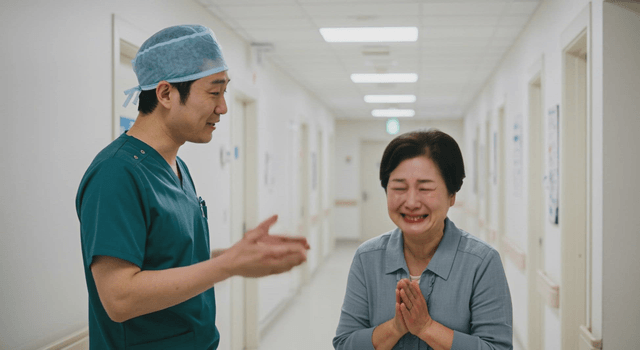 Doctor delivering good news and guardian rejoicing