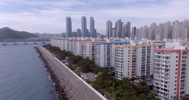 Coastal cityscape with high-rise buildings