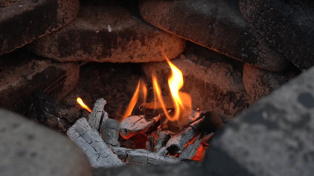 Small flames and burned-out firewood