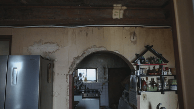 Old kitchen with a refrigerator and shelves