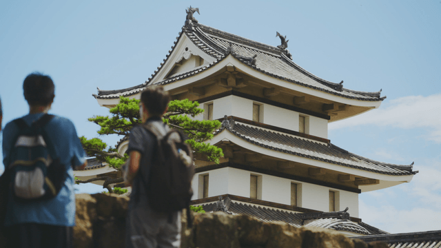 Tourists observing a traditional castle