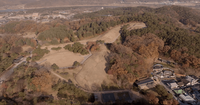 Aerial view of a forested ancient tomb