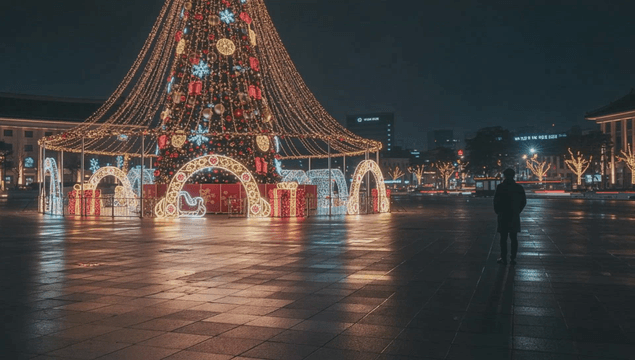 밤에 불이 켜진 큰 크리스마스 트리