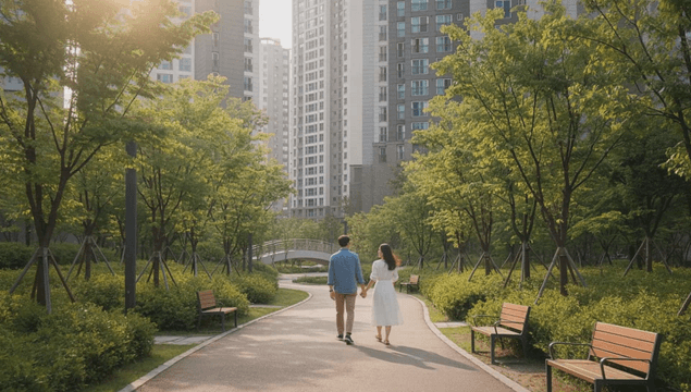 고층 아파트 건물들 사이 공원을 걷는 커플