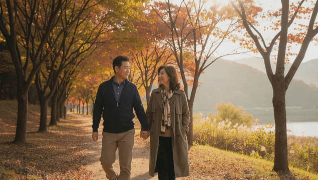Middle-aged couple holding hands walking through autumn scenery