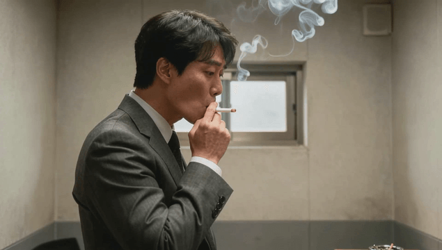 Businessman smoking in a small in room