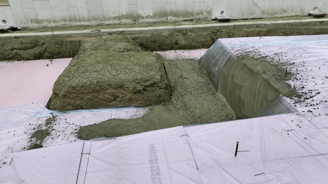 Construction site with pink insulation boards