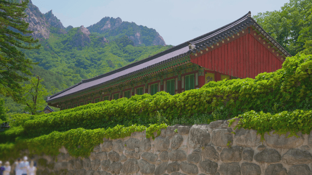 산을 배경으로 한 전통 한국 절