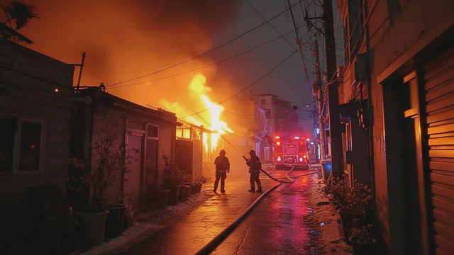 Firefighters battling a blaze in an alley
