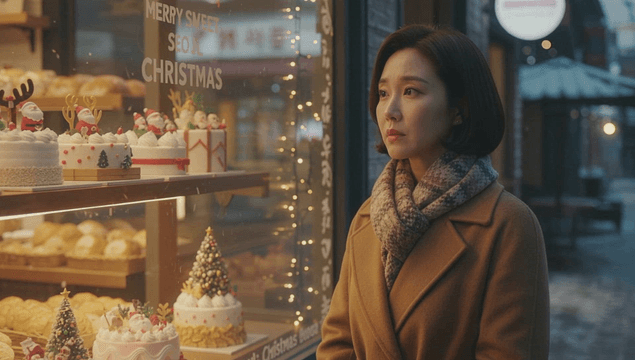 빵집 창문에 진열된 크리스마스 케이크를 바라보는 여자