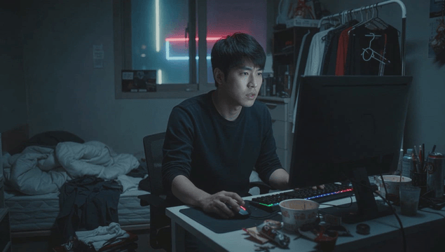 Man focused on his computer in a dim room