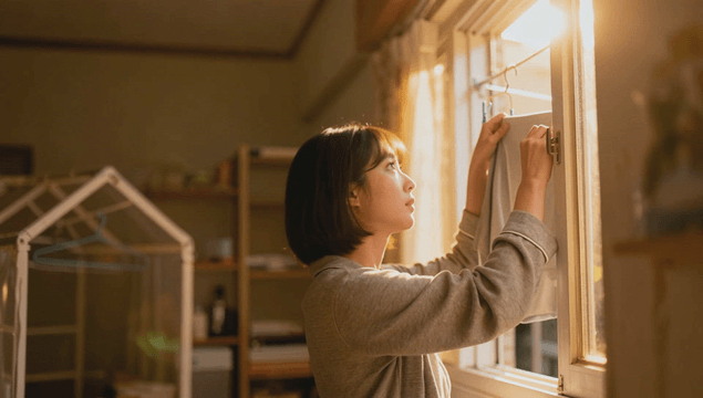 아침 햇살 속 빨래를 널고 있는 여성