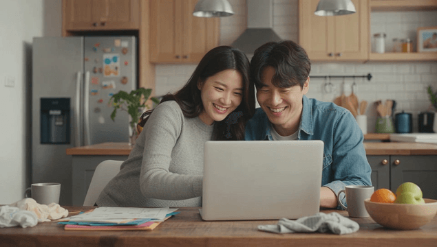Husband and pregnant wife looking at laptop at dining table