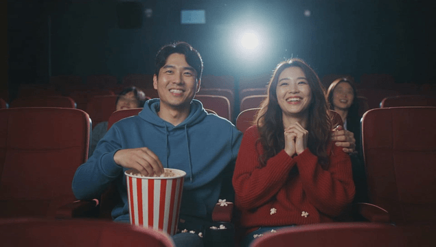 Couple enjoying a movie while spilling popcorn in the theater