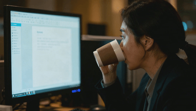 Woman working late in the office with a cup of coffee