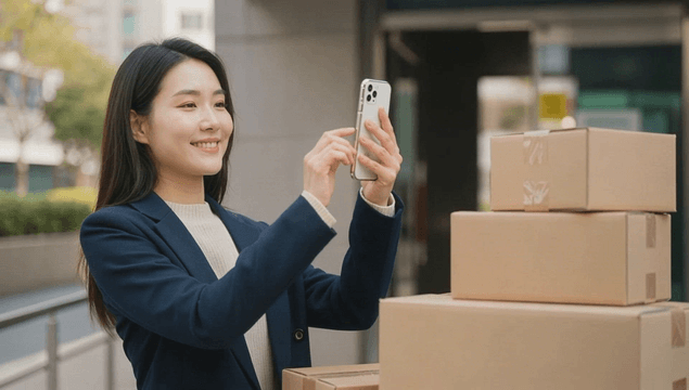 Woman checking her phone beside stacked parcels