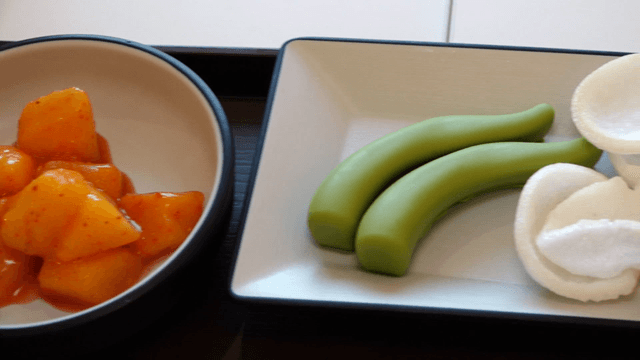 Dessert arranged like Korean food side dishes on tray